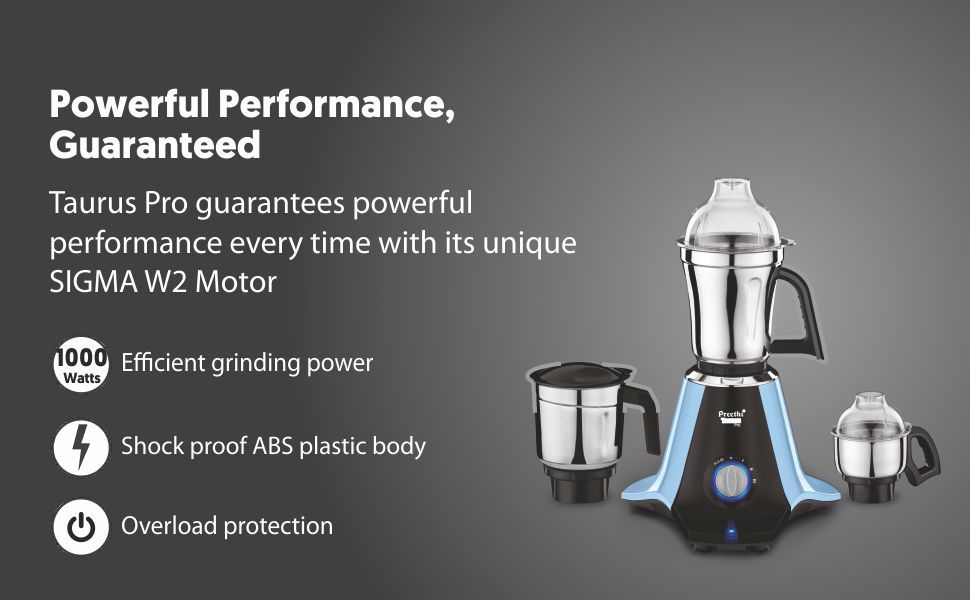 Preethi Taurus 1000 Watts Mixer and Grinder with Blue Finish, 3 Speed